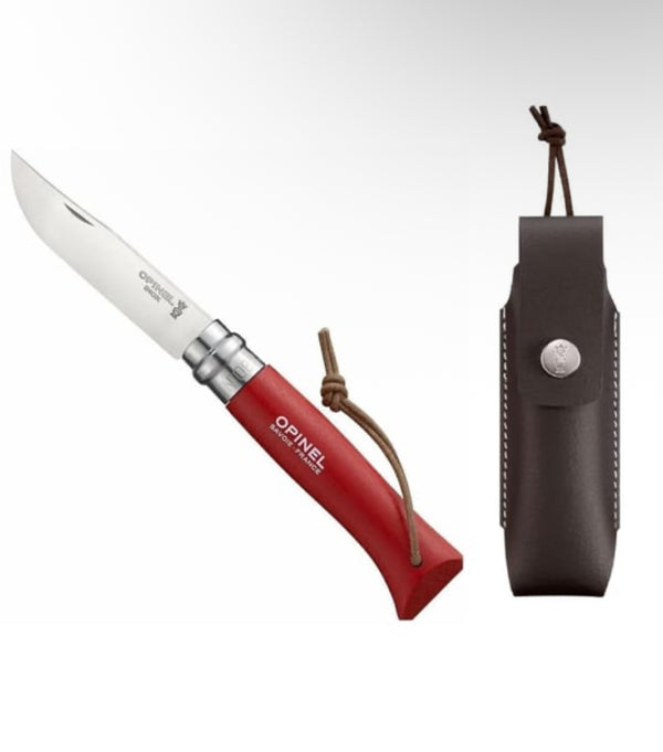 Opinel No 08 Paslanmaz Çelik Trekking Çakı + Kılıf Set - Kırmızı
