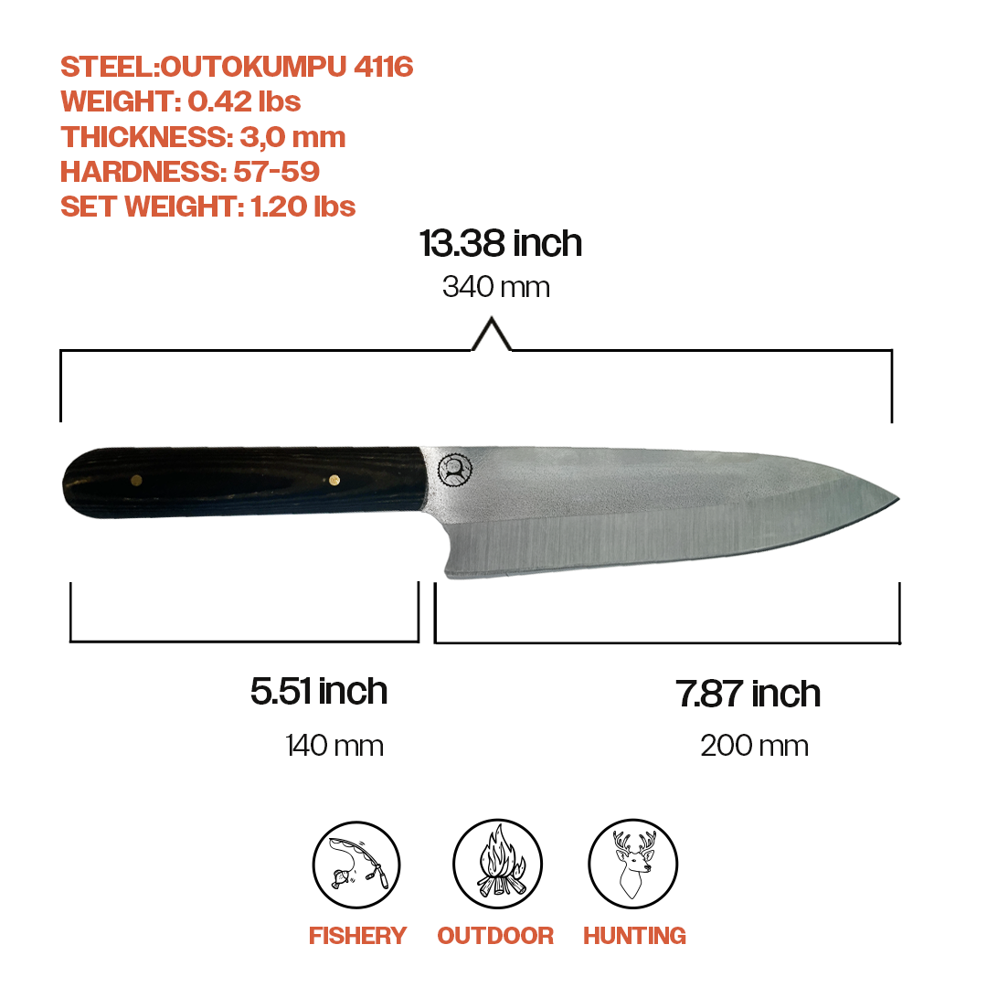 Kam Knife OutoKumpo 4116 Şef Bıçağı, Kamp Bıçağı Seti ve Kesme Tahtası Üstün Keskinlik - 20 CM