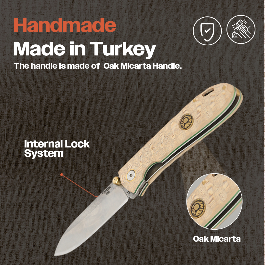 Meşe Mikarta İşlemeli İçten Kilitli Çakı - Güçlü D2 Çelik T20-D2