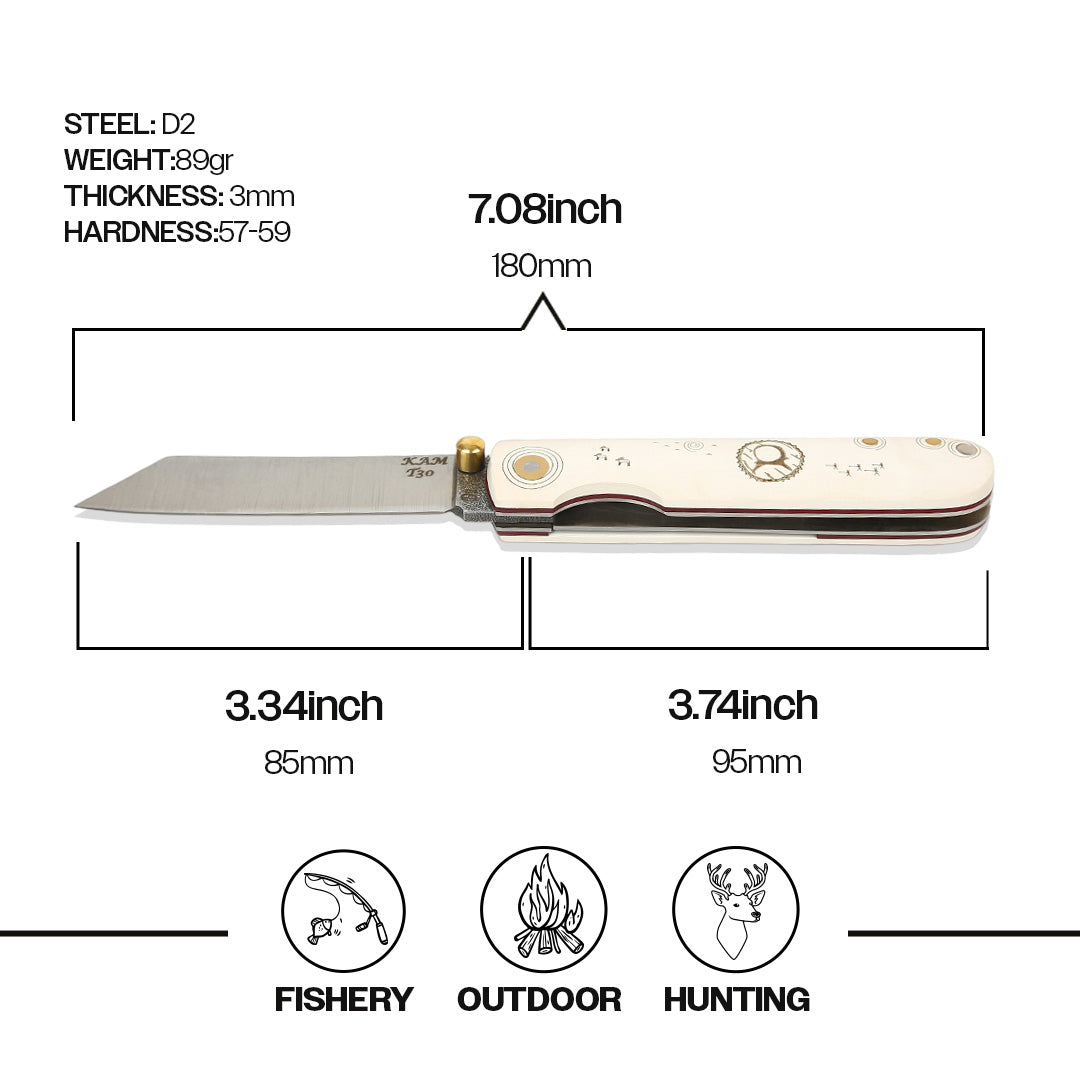 İçten Kilitli Tactical Katsu Çakı - Beyaz Kam Davulu İşlemeli - T30-D2