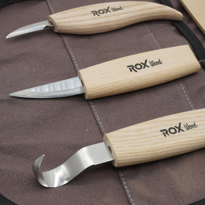Rox Wood 5 Parça Bez Çantalı Ahşap Kaşık Kuksa Oyma Bıçağı Seti